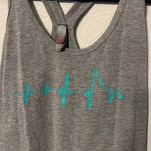 District Gray Racerback Tank Top with Teal Heartbeat Idaho Design